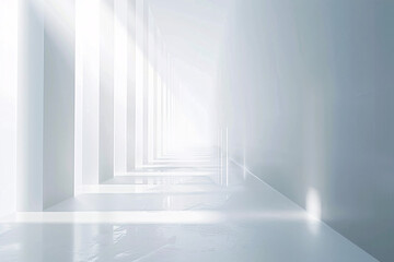 An infinite white corridor with bright sunlight pouring in from windows creating long shadows and a futuristic atmosphere