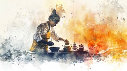 Traditional Asian tea ceremony illustrated in watercolor. Woman preparing tea. Concept of cultural heritage, artistic expression, peaceful gatherings, social ritual.