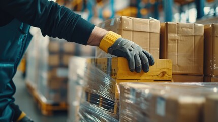 Close up of professional attractive warehouse worker hands checking product and leading goods. Skilled civil engineer moving the box in the factory or production lines. Focus on hands concept. AIG42.