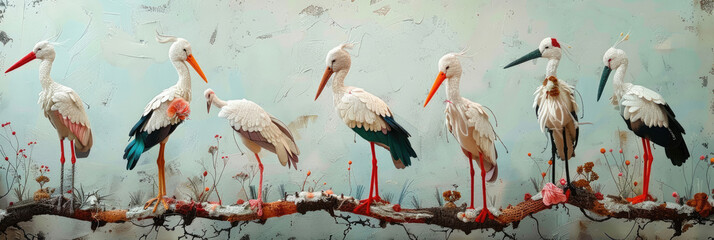 Background with storks. Wide format banner