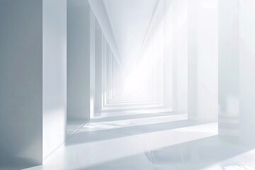 light-filled corridor with white walls and columns, leading to a bright opening, creating a sense of endless space and tranquility