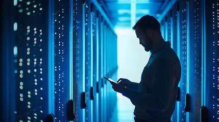 Network Engineer IT technician Monitoring Data in futuristic Server Room holding smart phone digital ai tablet technology improving cyber security in blue lit room, copy space