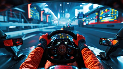 Professional racing car driver driving surrounded with panel while holding car steering wheel with...