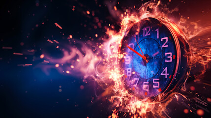 clock face on fire flames explosion with concept of time running on dark background