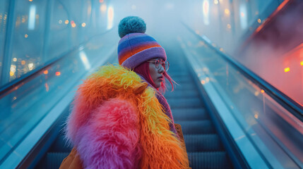 Stylish Person in Colorful Winter Attire on Escalator