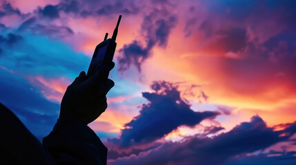 A man holds a walkie-talkie against the backdrop of a bright sunset sky.