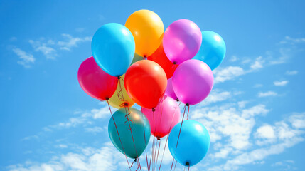 Balloons Galore Photograph a bunch of vibrant balloons against a clear sky or neutral backdrop, symbolizing joy and cheerfulness for birthday party invitations or social media posts