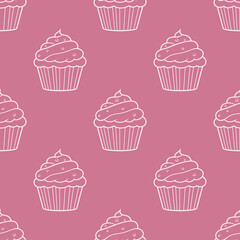 Cute pattern with sweet cupcakes on a pink background.Doodle background