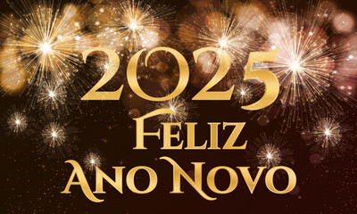 cartão ou banner para desejar um feliz ano novo 2025 em ouro em um fundo gradiente marrom a preto com fogos de artifício dourados