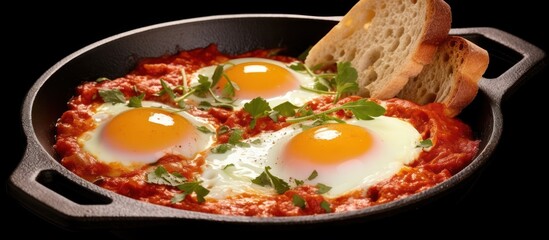 fried egg in a bowl with spicy tomato sauce