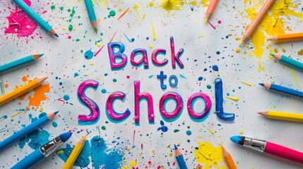 the words back to school are displayed on a white stone wall with colorful paint, creating a concept banner mockup