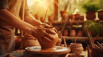 A man is crafting tableware on a pottery wheel, creating dishes for food and drinks. AIG41