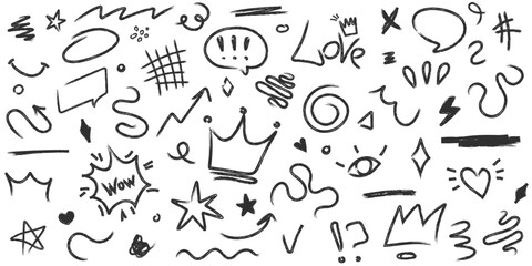 Hand drawn graffiti squiggles. Doodle scribbles, curved lines and symbols. Vector set