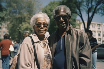 Obraz premium Senior African American couple smiling outdoors in a sunny park, showcasing warmth and togetherness