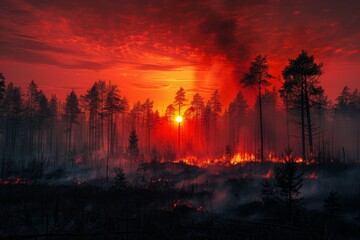 A forest fire is burning in the woods, with the sun setting in the background