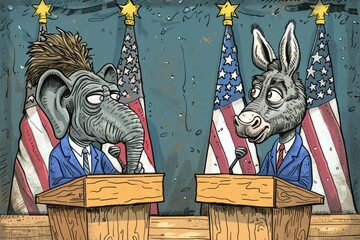 The elephant and donkey political debate. Metaphor with Republicans and Democrats in US politics. Elephant vs donkey