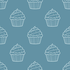 Cute pattern with sweet cupcakes on a blue background.Doodle background