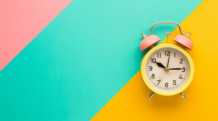 Vibrant pink alarm clock on a blue and yellow background