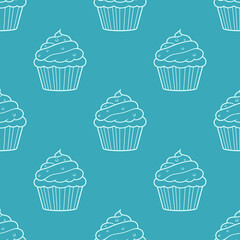 Cute pattern with sweet cupcakes on a pink background.Doodle background