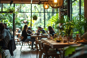 Vibrant indoor cafe scene with customers enjoying leisure time