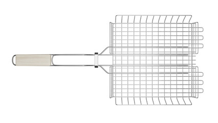 Metal grid grill with light wood handle isolated on transparent and white background. Barbecue concept. 3D render