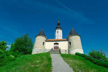 Church at Vinagora, croatian Zagorje, on a sunny day. Church of the Mother of God on top of the...