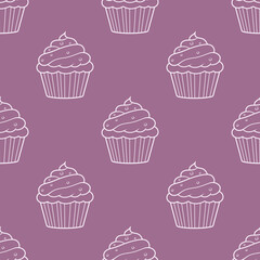 Cute pattern with sweet cupcakes on a beige background.Doodle background