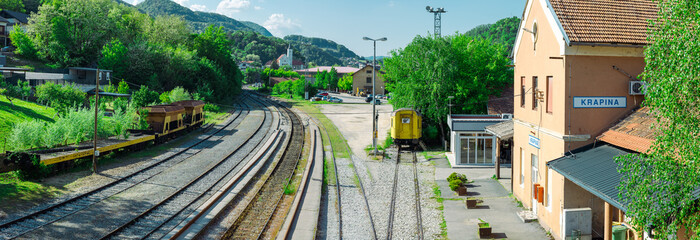 Overview of train station at Krapina, as viewed from the pedestrian overpass. Croatian train...
