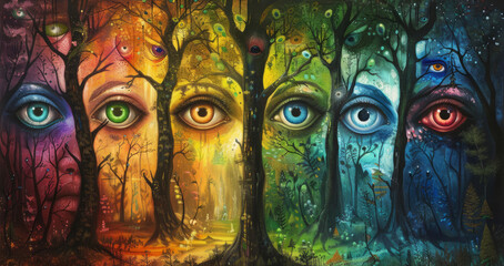 psychedelic forest eyes, the forests rainbow-hued eyes create a psychedelic vision, symbolizing altered consciousness and hallucinations