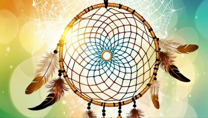 Abstract dream catcher-inspired background with intricate webs and feathers. - obrazy, fototapety, plakaty