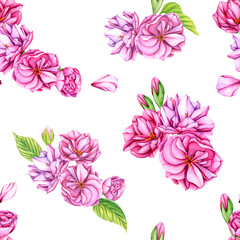 Sakura flowers. Pink cherry blossom flowers. Seamless Pattern with Japanese flowers in spring. Watercolor botanical illustration with buds, petals and leaves for your designs, wallpapers, clothing