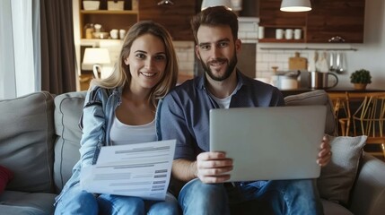 Doing Accounting at Home, Happy Couple Using Laptop Computer, Sitting on Sofa in Apartment, Young Family Filling Tax Forms, Mortgage Documents, Bills,
