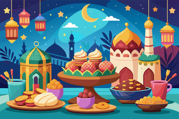 Fototapeta premium Illustration of a festive scene with traditional Middle Eastern or South Asian architecture under a starry night sky, featuring a crescent moon and hanging lanterns. In the foreground