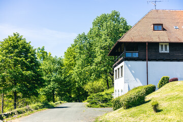 Old villa above the old village of Kumrovec, small town in northern croatia, home to Josip Broz Tito. Sunny setting in late spring