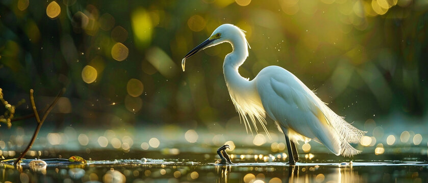 Graceful egret wades through calm water, searching for fish in a tranquil and peaceful setting.