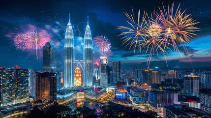 Fireworks display over city skyline at night. Celebration and urban landscape concept.