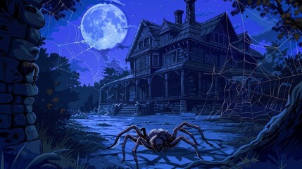 Cartoon Illustration of Spider Web Manor