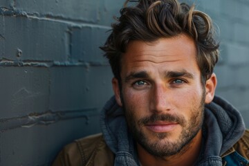 Obraz premium A man with a beard and blue eyes is standing in front of a brick wall