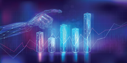 A vibrant polygonal infographic that is abstract and includes financial charts and a robot hand.