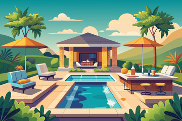 Illustration of a luxurious backyard with a swimming pool, a small house, sun loungers under an umbrella, dining area, and lush greenery with mountains in the background.