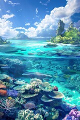 In this underwater scene, a vibrant coral reef thrives next to a tropical island. The coral is teeming with various marine life, while the island is surrounded by clear blue water