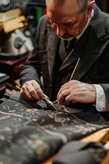 Obraz premium A man in a suit and tie is focused on creating a piece of art. He is meticulously working on his project, showcasing dedication and precision in his craft