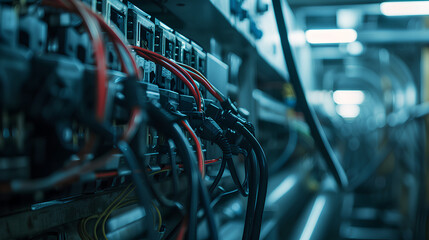 A close-up of electrical wires and cables running along industrial machinery