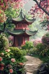 Fototapeta premium A traditional Chinese pagoda stands tall amidst a lush landscape of green trees and colorful flowers. The pagodas intricate architecture is accentuated by the vibrant flora that surrounds it