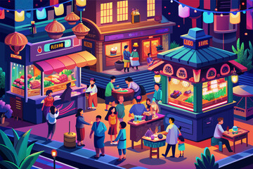 Vibrant night market scene with multiple food stalls, neon signs, colorful lanterns, and people shopping and dining.