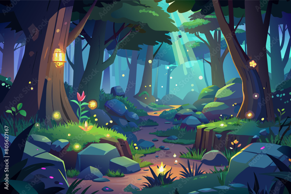 Poster Mystical forest at twilight with glowing flowers and fireflies, featuring a winding path through dense, blue and green illuminated trees and rocks.