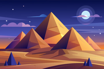 Illustration of a stylized desert scene at night with multiple pyramids under a starry sky and crescent moon.