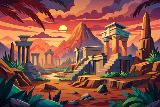 Ancient ruins landscape at sunset, featuring Roman columns, Egyptian pyramids, and Mesopotamian ziggurat structures, set against a vivid sky with a setting sun and mountain backdrop.