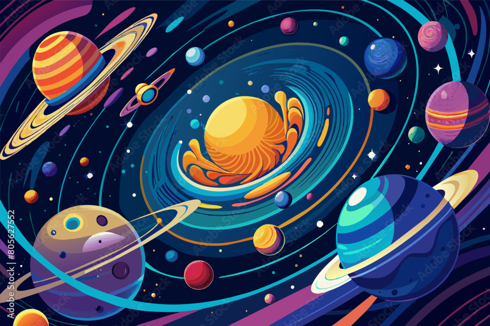 Poster colorful illustration of a vibrant outer space scene featuring various stylized planets with swirlin