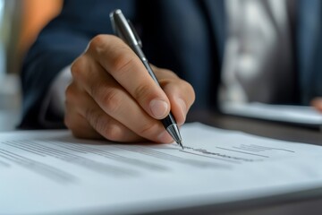 Close-up unrecognizable businessman signing contract to starting project investment putting signature on legal document